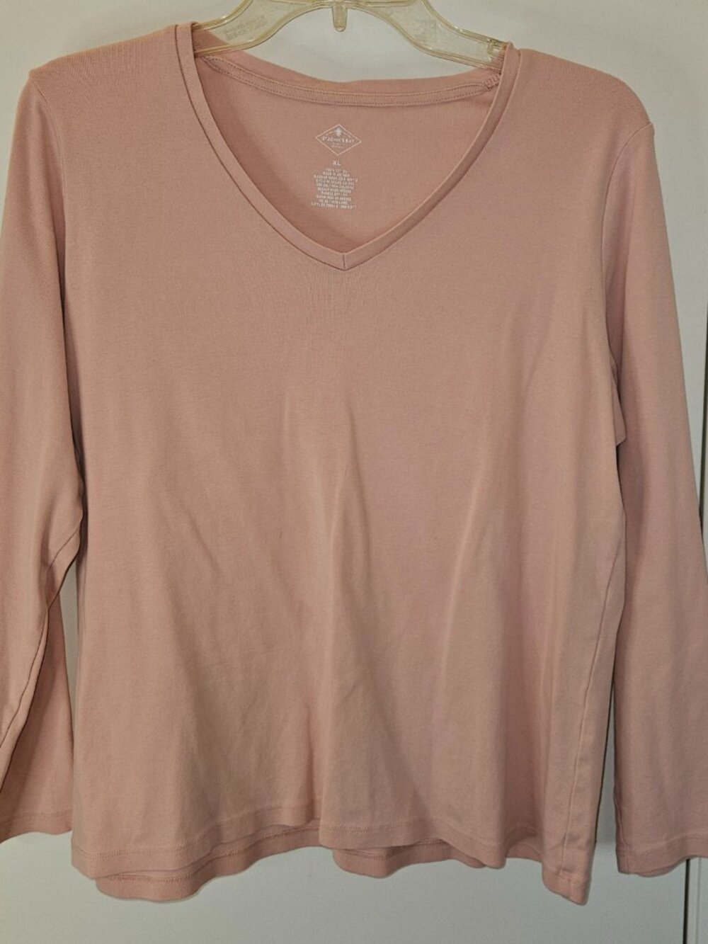 St John's Bay 100% Cotton Long Sleeve V Neck Shirt in Blush (Pink) Sz XL